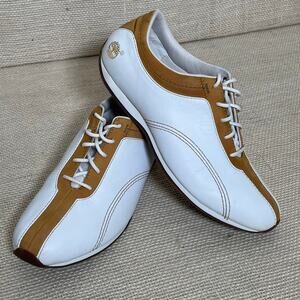 Timberland Metro Leather Slim Style Sneakers, White, Tan, New Cond. Ladies 8.5